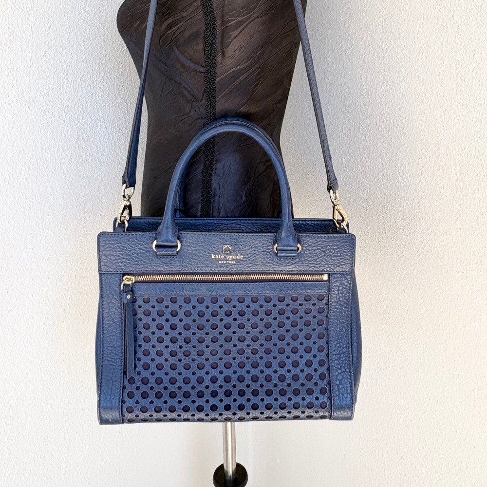 Kate Spade Satchel Perforated‎ Pebbled Leather Crossbody Bag Womens Medium Blue